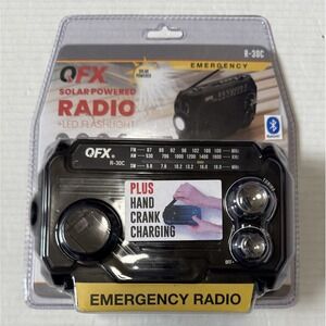 QFX R-30C Emergency Solar Powered Radio + Flashlight - Hand Crank Charging - NEW